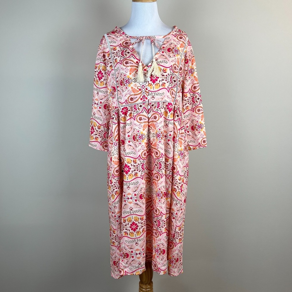 Sheilay Midi Dress Womens Large Pink Floral Tassel 3/4 Sleeve V-Neck Summer NEW